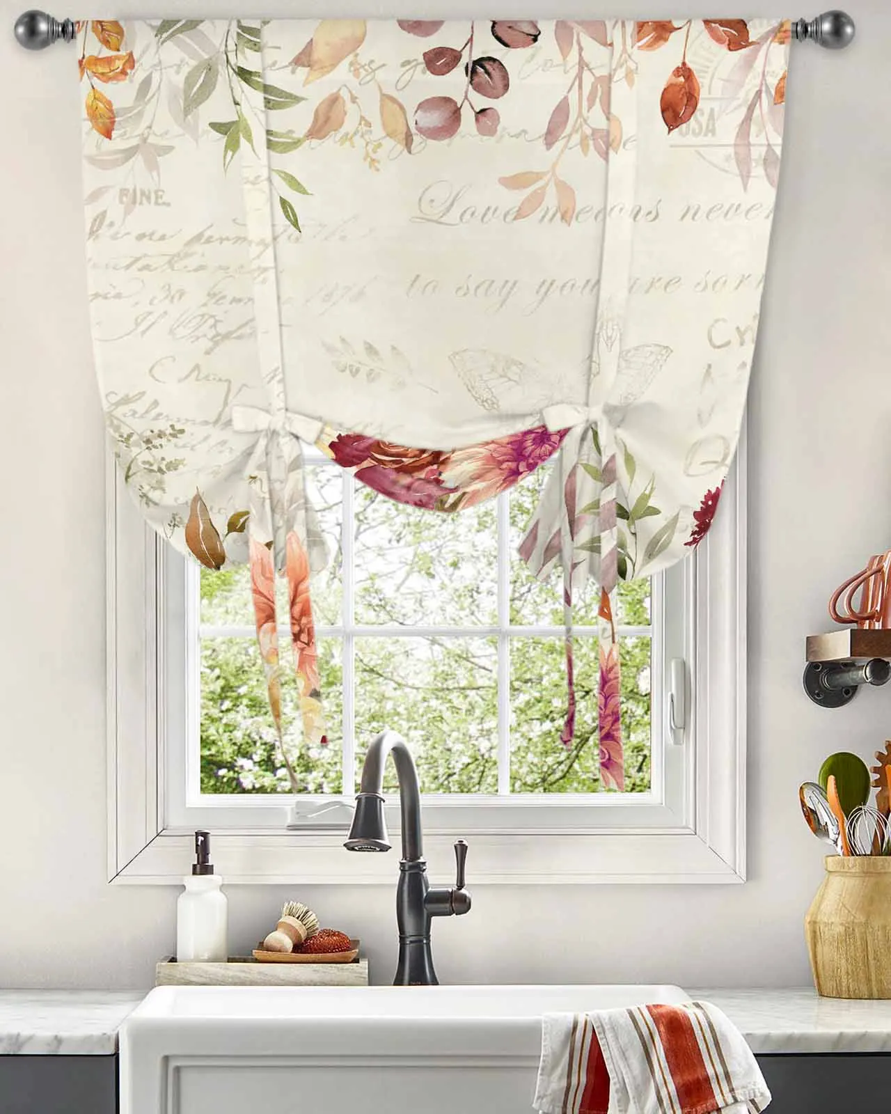 

Thanksgiving Flowers Plants Eucalyptus Leaves Window Curtain for Living Room Home Blinds Drapes Kitchen Tie-up Short Curtains