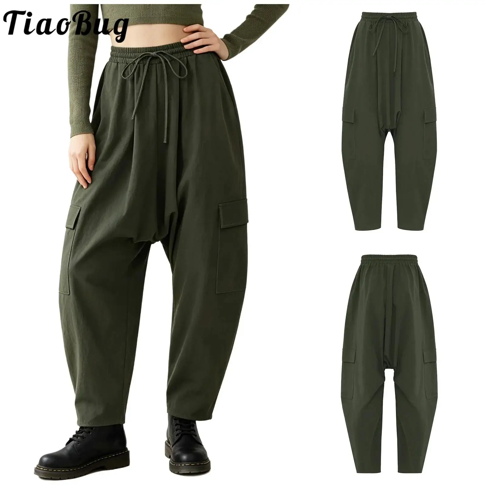 Women Drop Crotch Cargo Palazzo Harem Pants Multi-pocket Drawstring Elastic Waistband Baggy Pants Pirate Trousers for Party