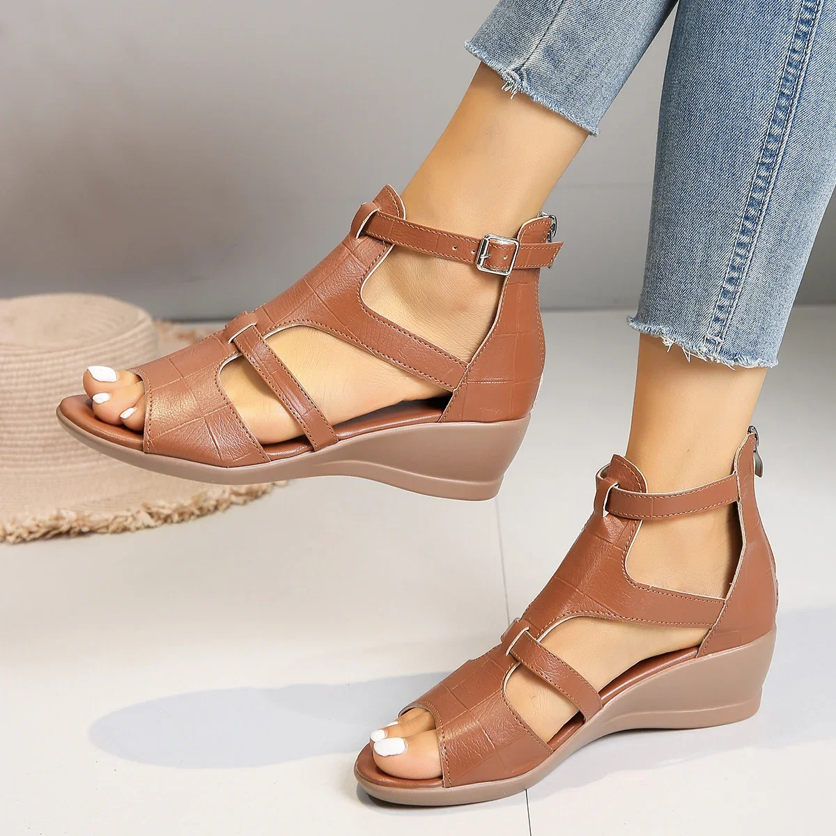 

Women Sandals Summer Chunky High Heels Soild Gladiator Open Peep Toe Women Shoes Buckle Back Zipper Sandalias De Mujer 2024 New