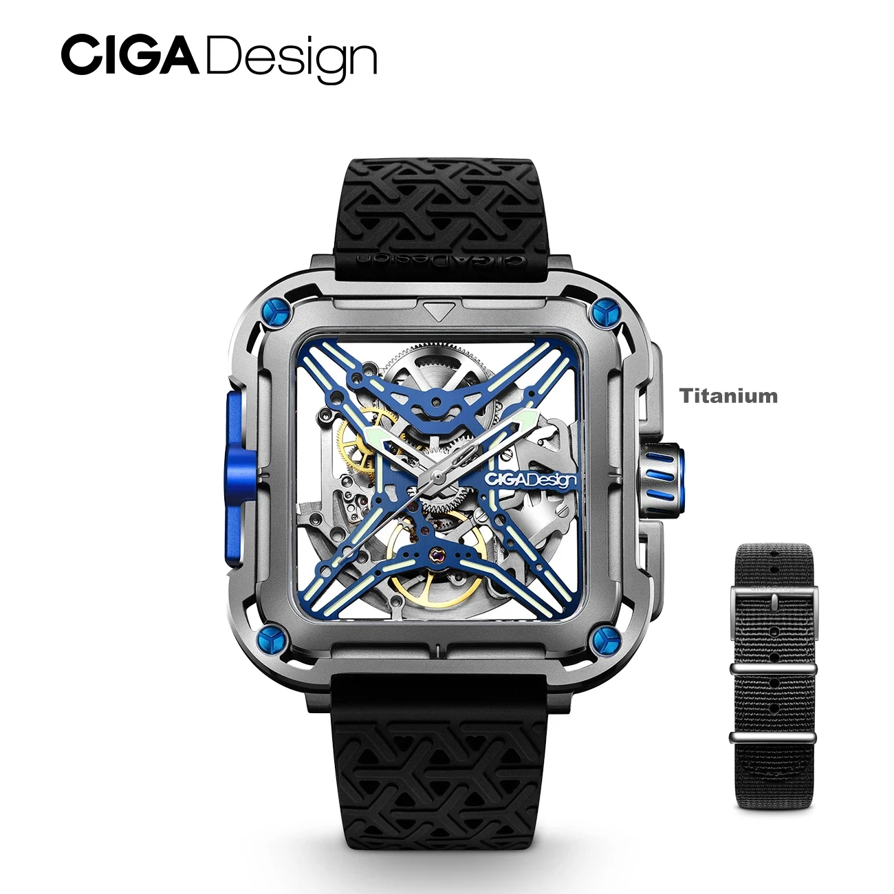 CIGA Design Automatic Movement Mens Titanium Watch 2024 X Series Skeleton Mechanical Wrist Watches Silicone Nylon Two Straps