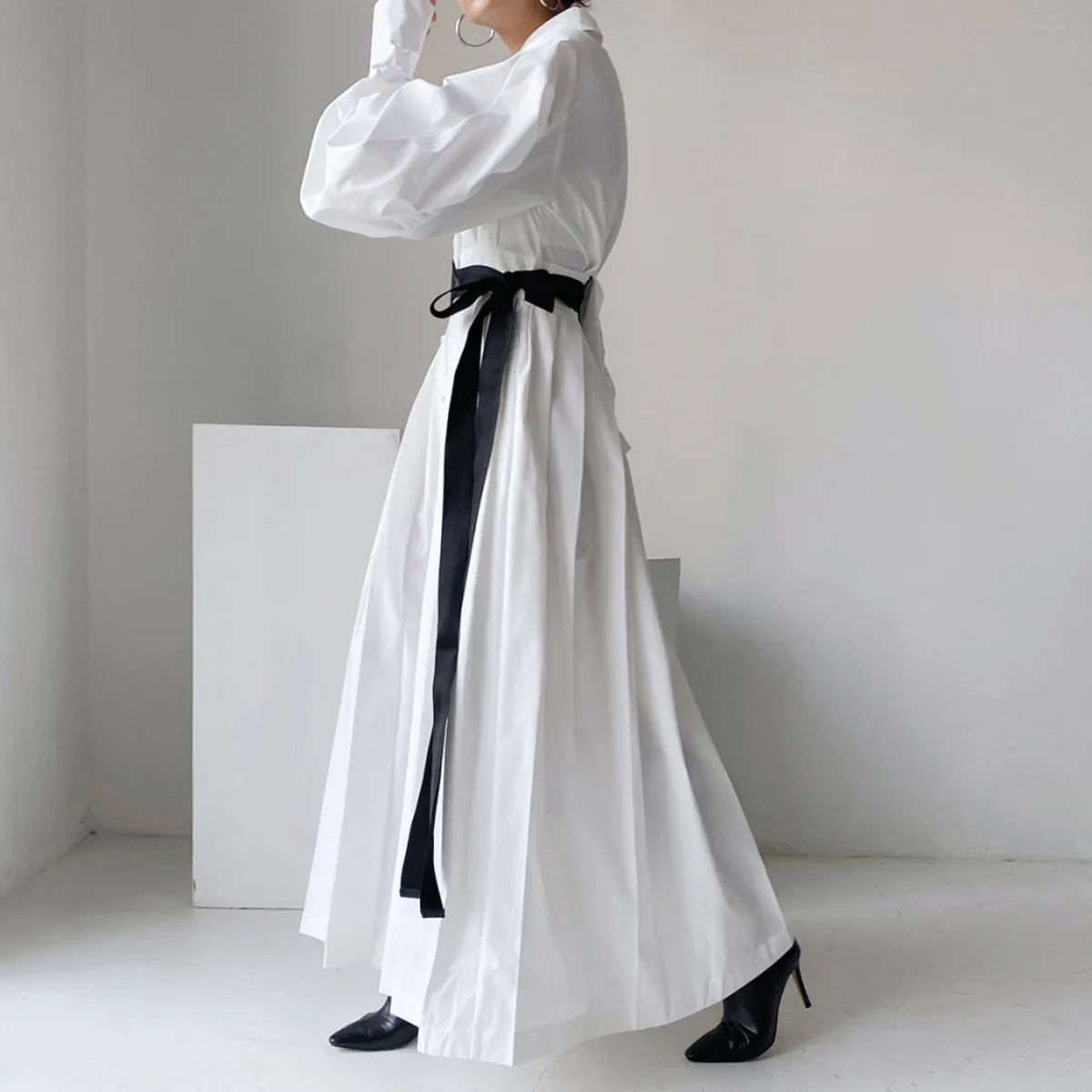 KWTX 2025 여성 빈티지 우아한 셔츠 드레스 긴 퍼프 소매 라펠 벨트 솔리드 컬러 시크 편안한 프리미엄 품질 가을