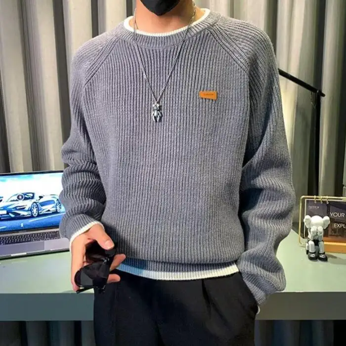 Sweater Rajut Pria Model Longgar, Pakaian Luar Musim Dingin Model Dua Lapis Palsu, Pakaian Santai Kasual, Pakaian Dalam, Ukuran Besar, Model Dua Lapis Palsu