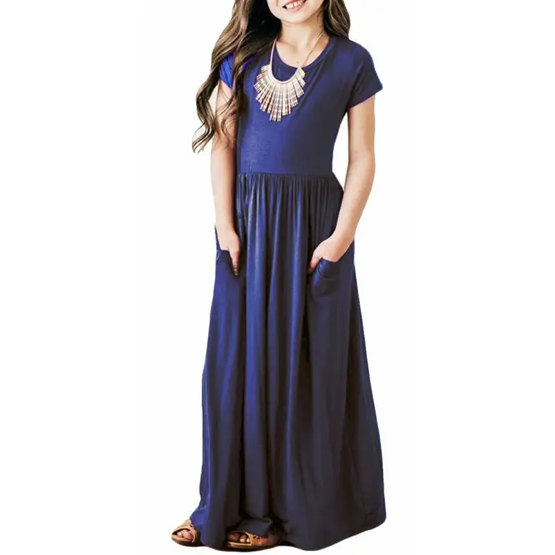 Sommer Mädchen Neue Einfarbig Kurzarm Langes Kleid Strand Party Geburtstag Casual Mode Zeigen Vielseitig A-Line Kleid – Detail 12