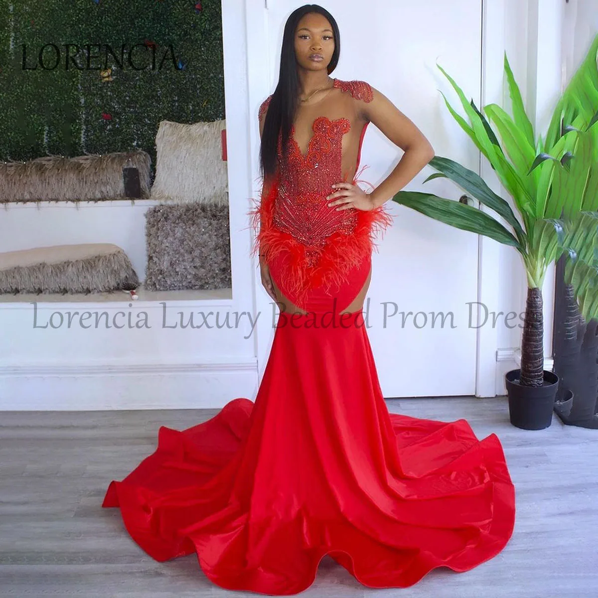 

Red 2024 Beaded Mermaid Prom Dress For Black Girls Crystals Feathers Evening Party Gowns Sleeveless Formal robes de soirée