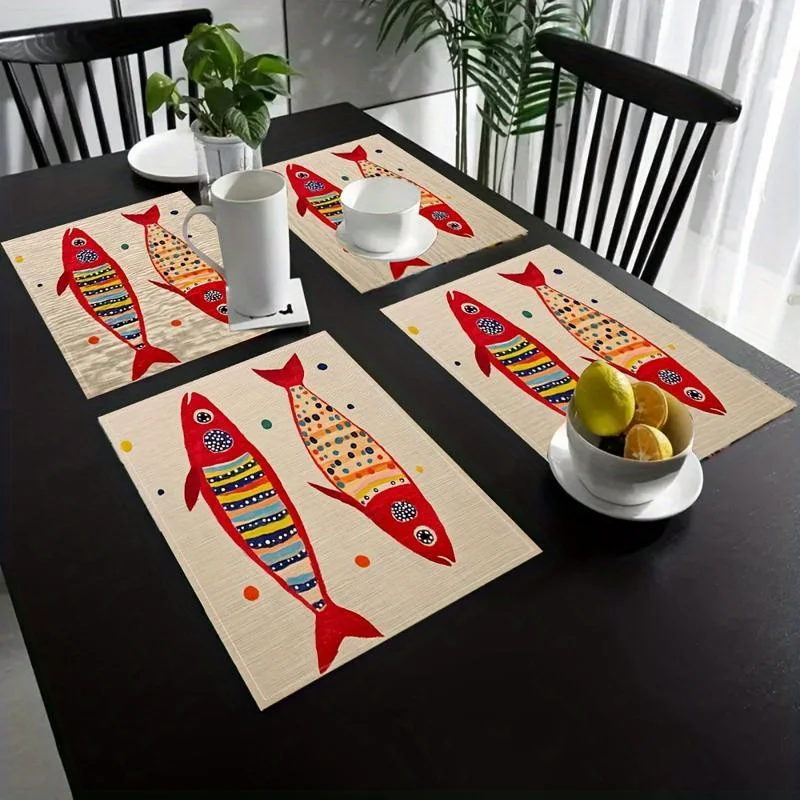 Fish Nautical Coastal Heat Resistant Washable Table Placemats Dining Home Holiday Kitchen Accent Decor 4 Piece Set