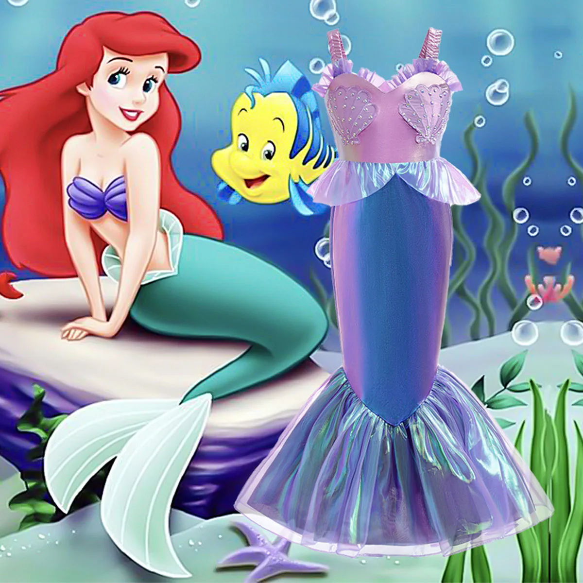 

Shiny Toddler Little Girls Movie Princess Mermaid Ariel Cosplay Halloween Dress Birthday Party Dress