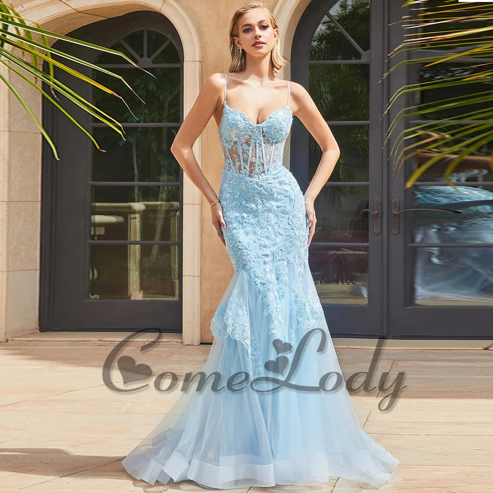 

Comelody Prom Mermaid Dresses for Women Saudi Arabric Spaghetti Straps Illusion Appliques Pleat Formal Gown Plus Custom Made