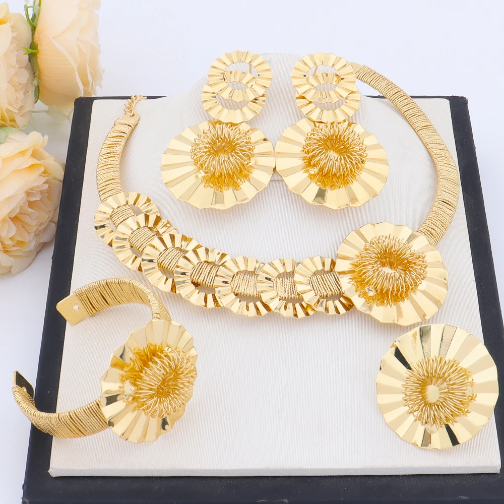 Nigerian Luxury Jewelery Sets for Women Dubai India Bridal Necklace Earrings Ring Bracelet Gold Plated Wedding Party Gift Set