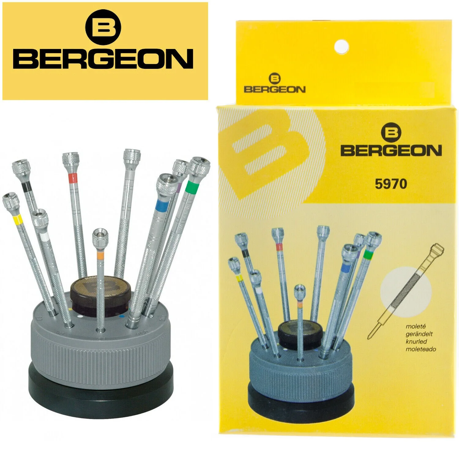 Bergeon 5970 Set of 9 Screwdrivers with Rotating Stand w/ Spare Blade