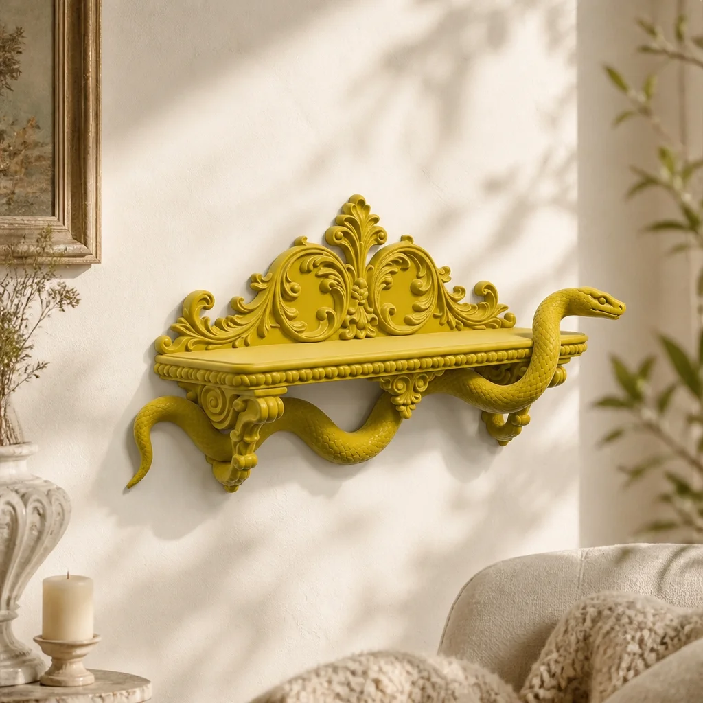 Vintage Ornate Serpent Wall Mount Shelf, Golden Yellow Resin Decorative Floating Shelf for Candles Figurines Altar Decor