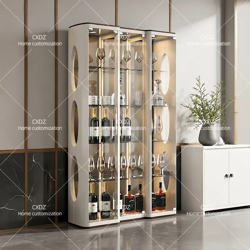 Medieval tempered glass wine cabinet, living room study display cabinet, multi-functional hollow 3-door storage figure