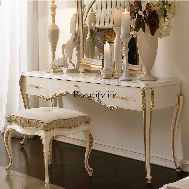 

European light luxury solid wood carving flower gold dresser French villa makeup table
