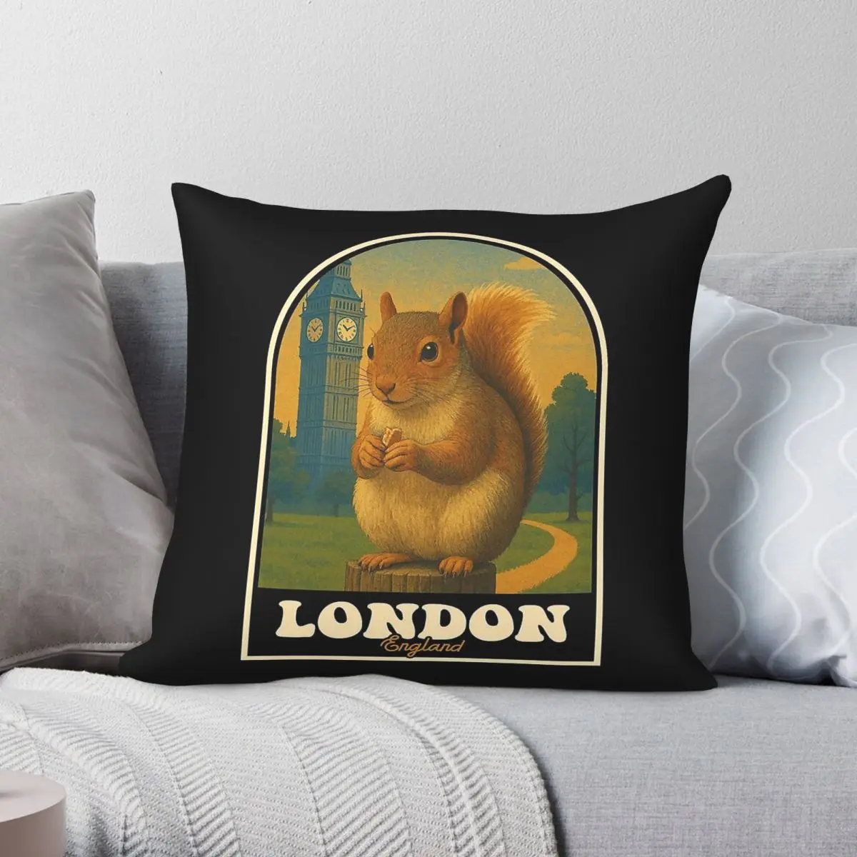 London Squirrel Vintage Travel Pillowcase Polyester Linen Velvet Printed Zip Decorative Pillow Case Sofa Seater Cushion Case