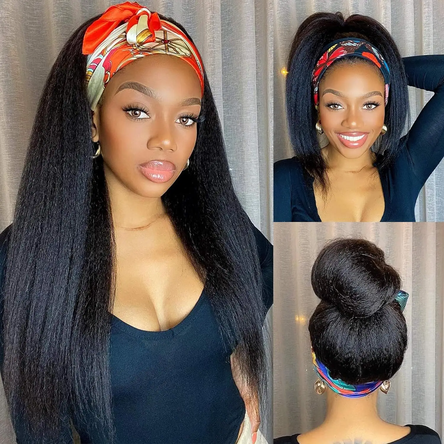 Kinky Straight Headband Synthetic Wig for Women Yaki Straight Wigs with Black Headband Hair Easy to Style No Lace Front No Glue