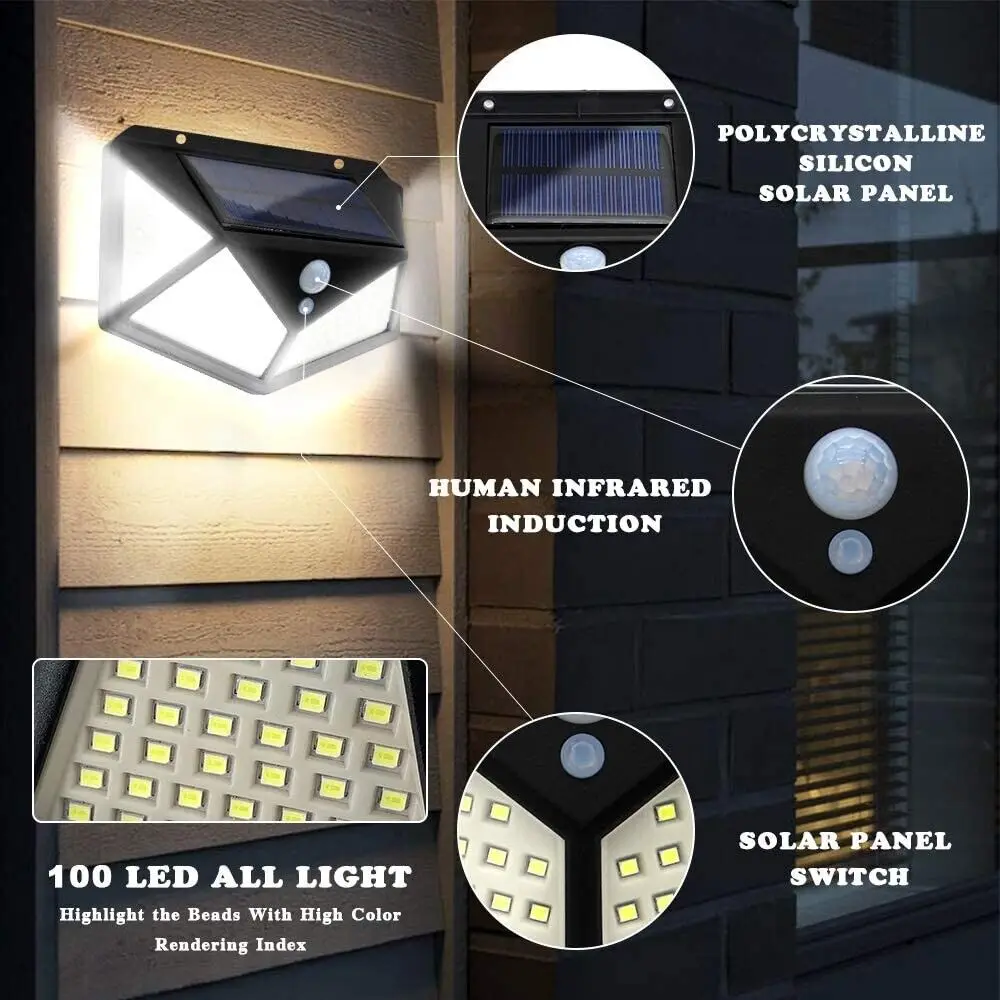 12pcs 100LED Solar Powered PIR Motion Sensor Light Outdoor Security Wall Lights IP65 Waterproof for Outdoor