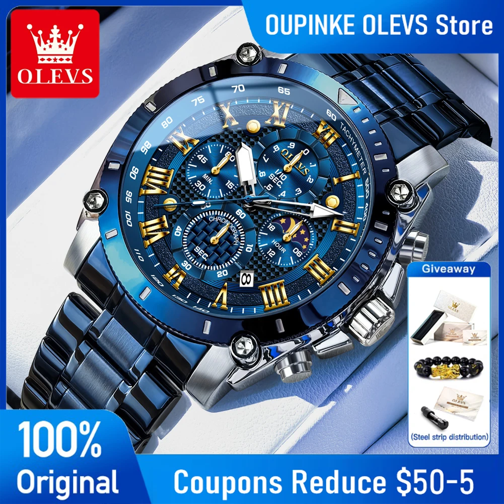 

OLEVS Watches Man 3689 New Original Quartz Watch Waterproof Luminous Moon Phase Sports Watches For Man Stainless Steel Reloj