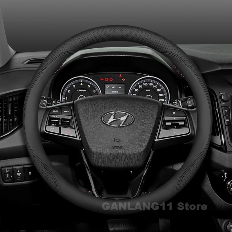 

Кожаный чехол на руль автомобиля для Hyundai SantaFe Palisade Sonata Tucson i10 i20 i30, нескользящие аксессуары для салона автомобиля 2025