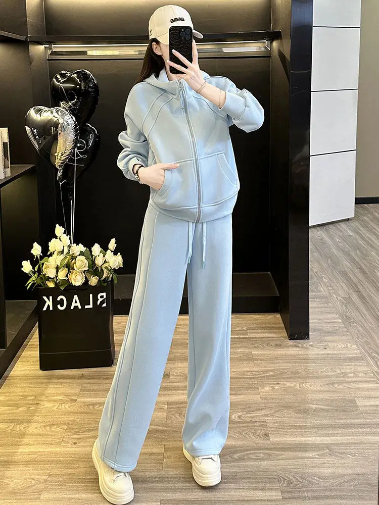 

Autumn Winter New Fashion Loose Anti-Aging Fleece Thickened Hoodie High Waist Wide Leg Pants Casual Two-Piece Set Women