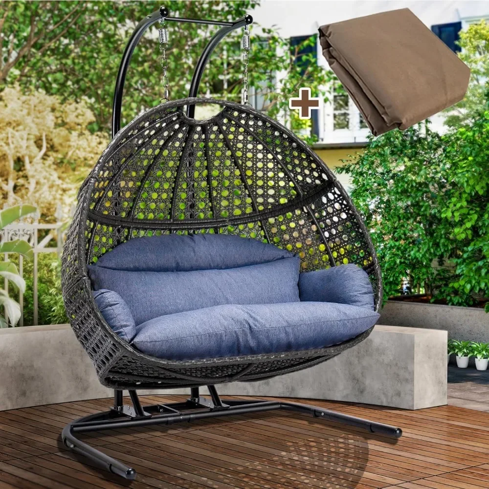 Double Egg Chair with Stand, Foldable 2 Person Hanging Swing Chair with Waterproof Cover and Cushion (Black Frame + Dusty Blue)