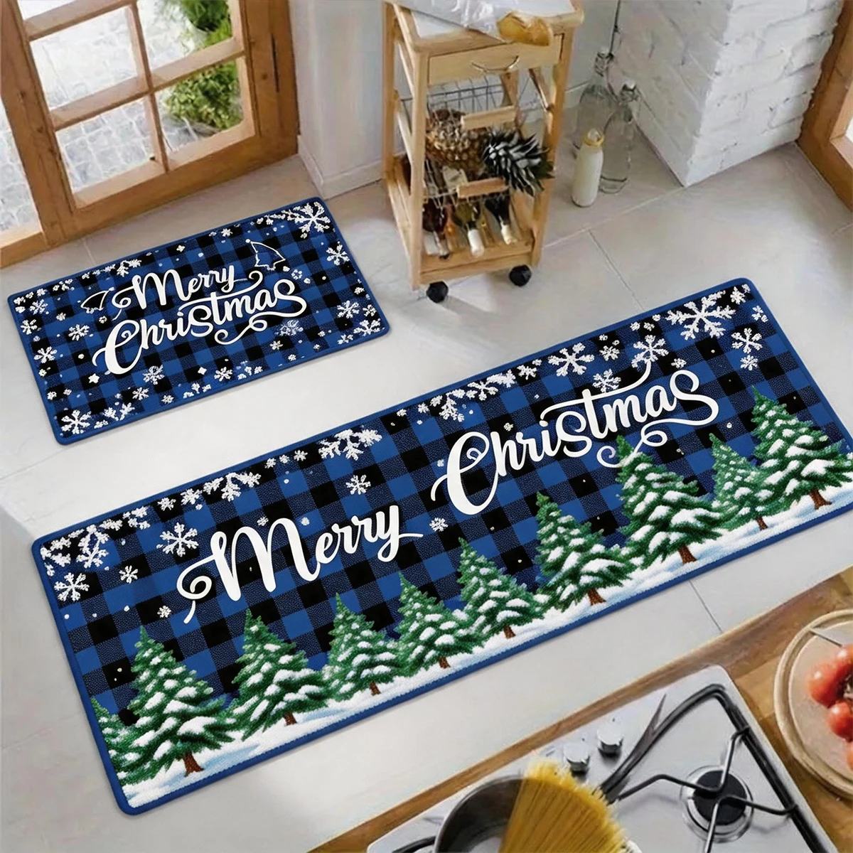 Christmas Kitchen Runner Rug with Festive Holly Print Soft Plush Flannel Floor Mat Non Slip Water Absorbent for Bathroom Toilet Front Door