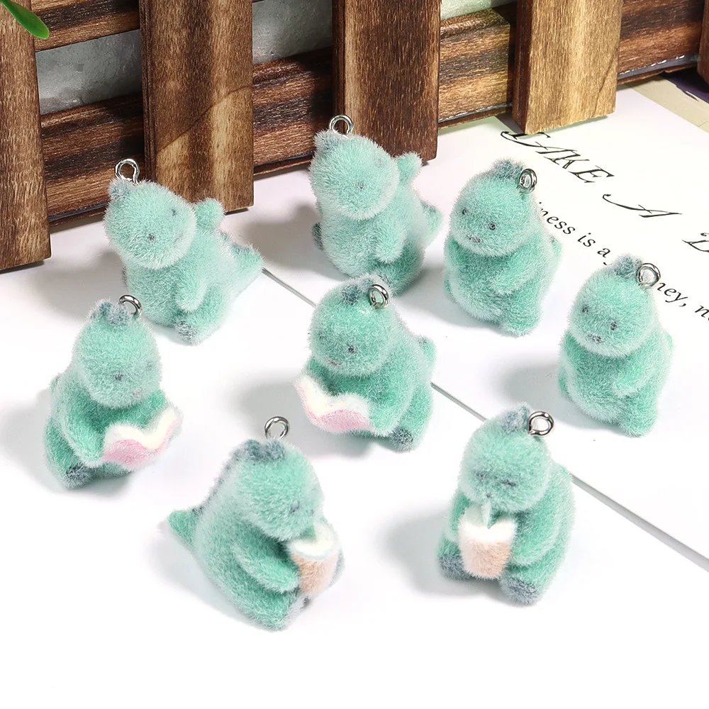 20Pcs 3D Mini Dinosaur Pendant Fluffy Flocked Animal Dinosaur Charms Wholesale Keychain Necklace Earring DIY Crafts Jewelry Make