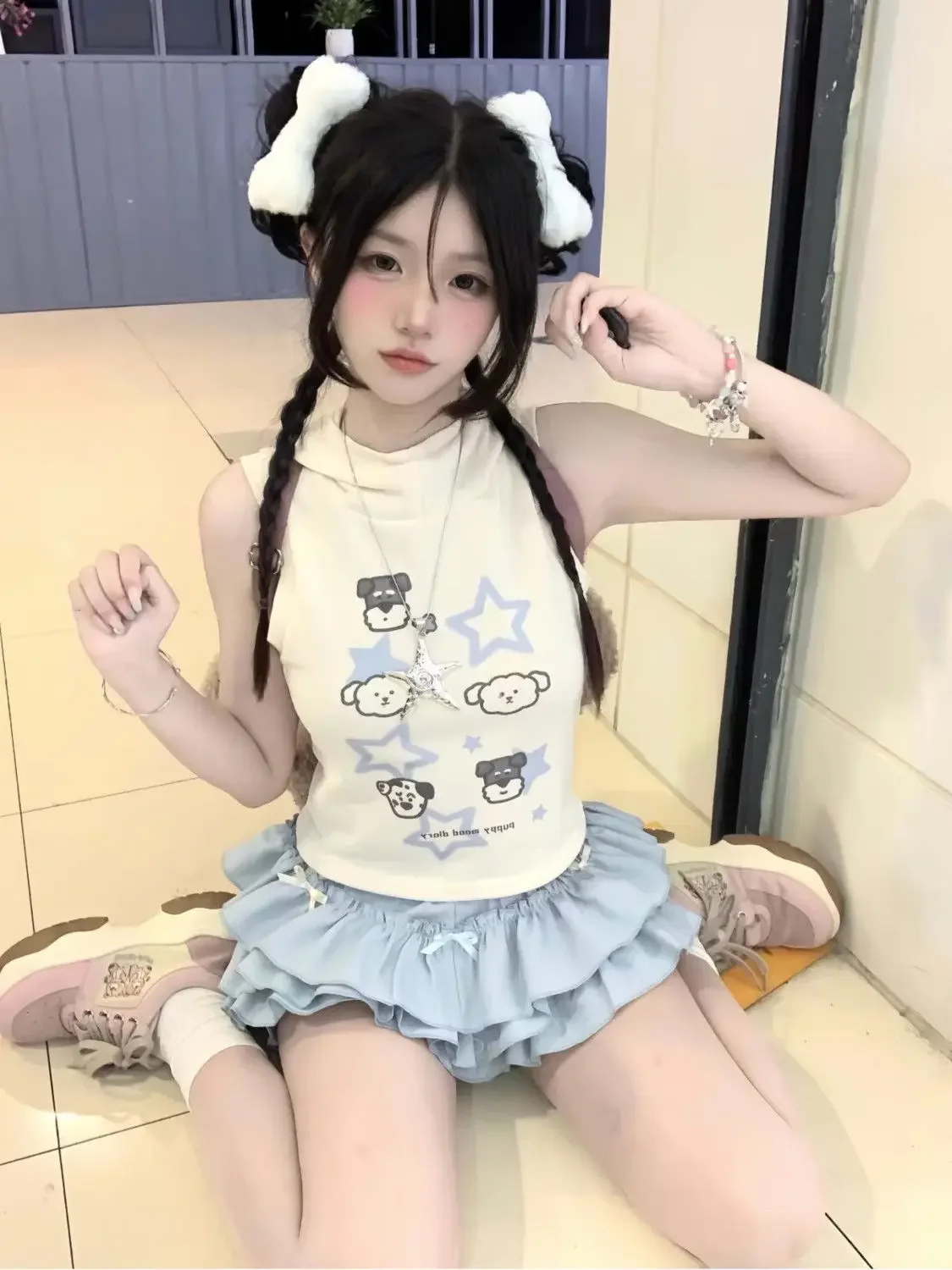 

Summer Hottie Y2K Subculture Two Piece Sets Puppy Print Sleeveless Hooded Vest + Bow Y2k A-line Mini Skirt Slim Fit Womens Suits
