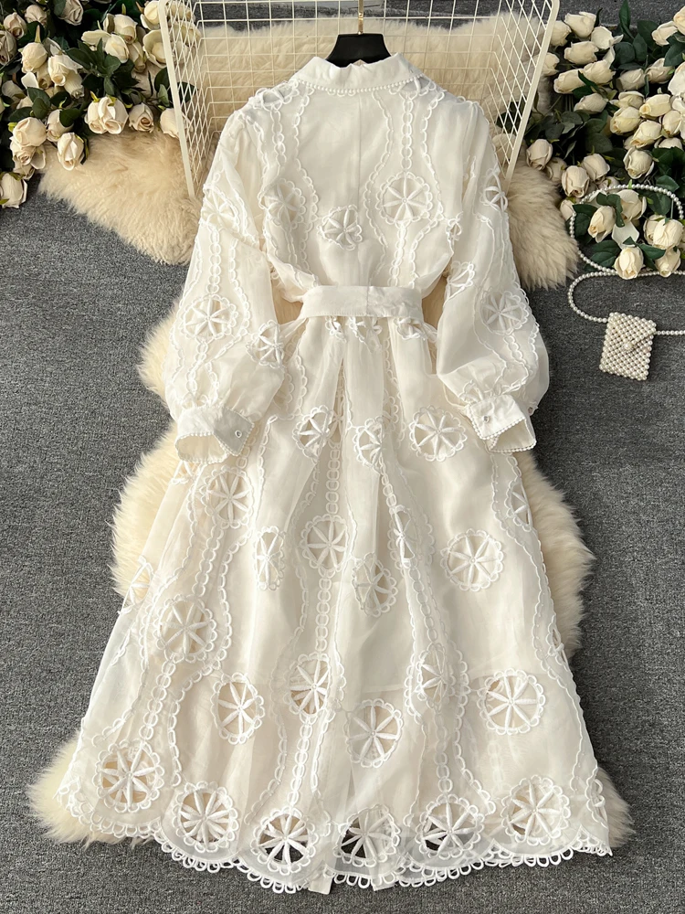 Luxury Women lace shirt maxi dress Black White Elegant Embroidered Hollow out dress with belt Sexy Beach Summer 2024 INKEO 3D114