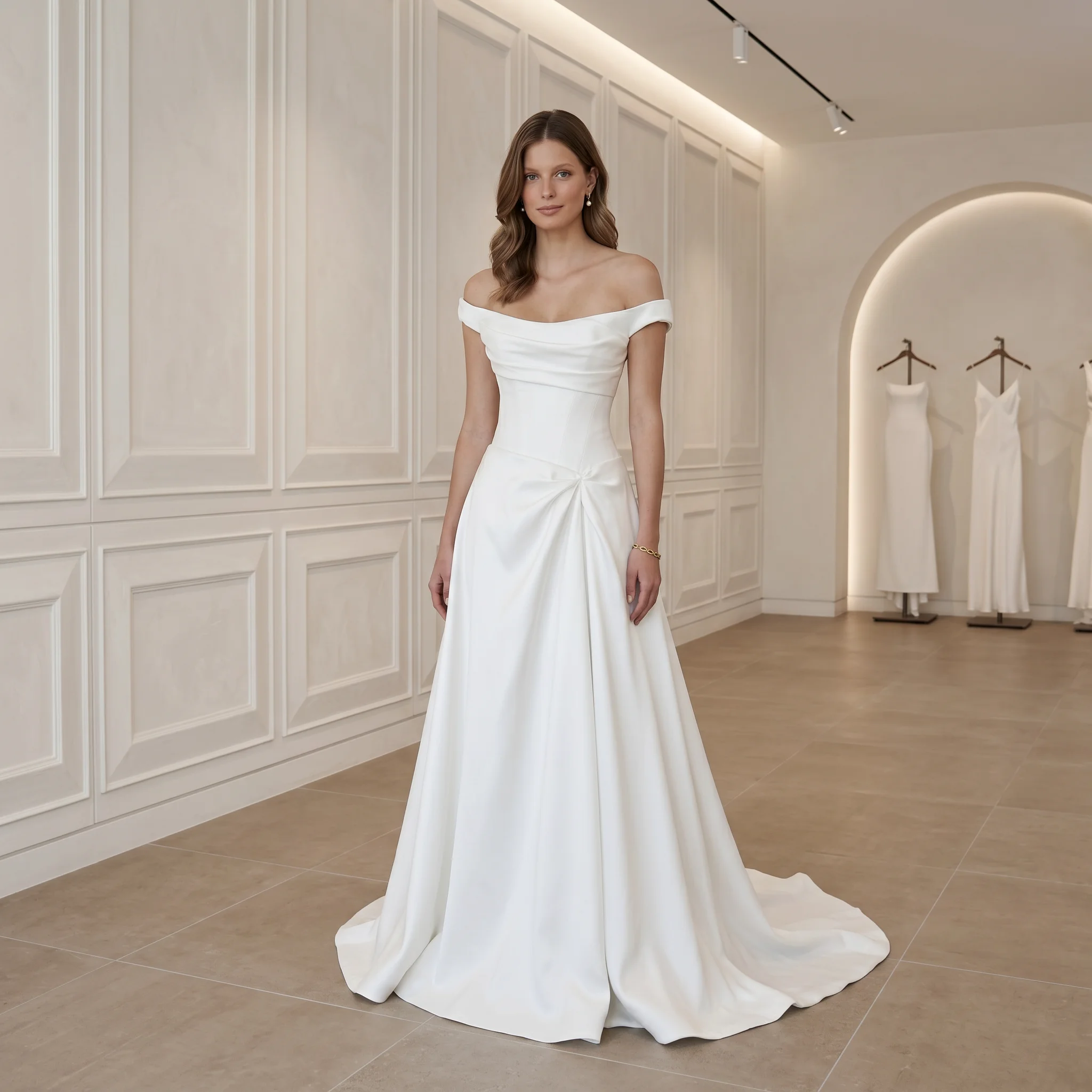 Off Shoulder Draped Satin Wedding Dress Twist Waist A Line Sweep Train Bridal Gown Elegant Minimalist Ivory Vestido De Novia