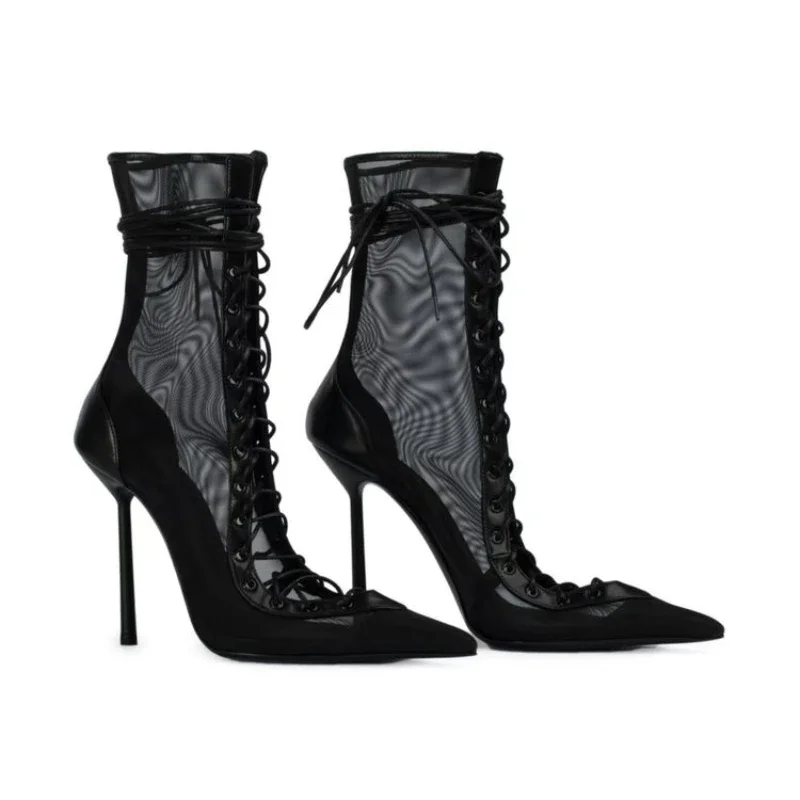 2025 Pointed Hollow Cross Tie Thin High-heeled Cool Boots for Women, Sexy Mesh Fabric Plus Size Fashion High Leg Knee Boots