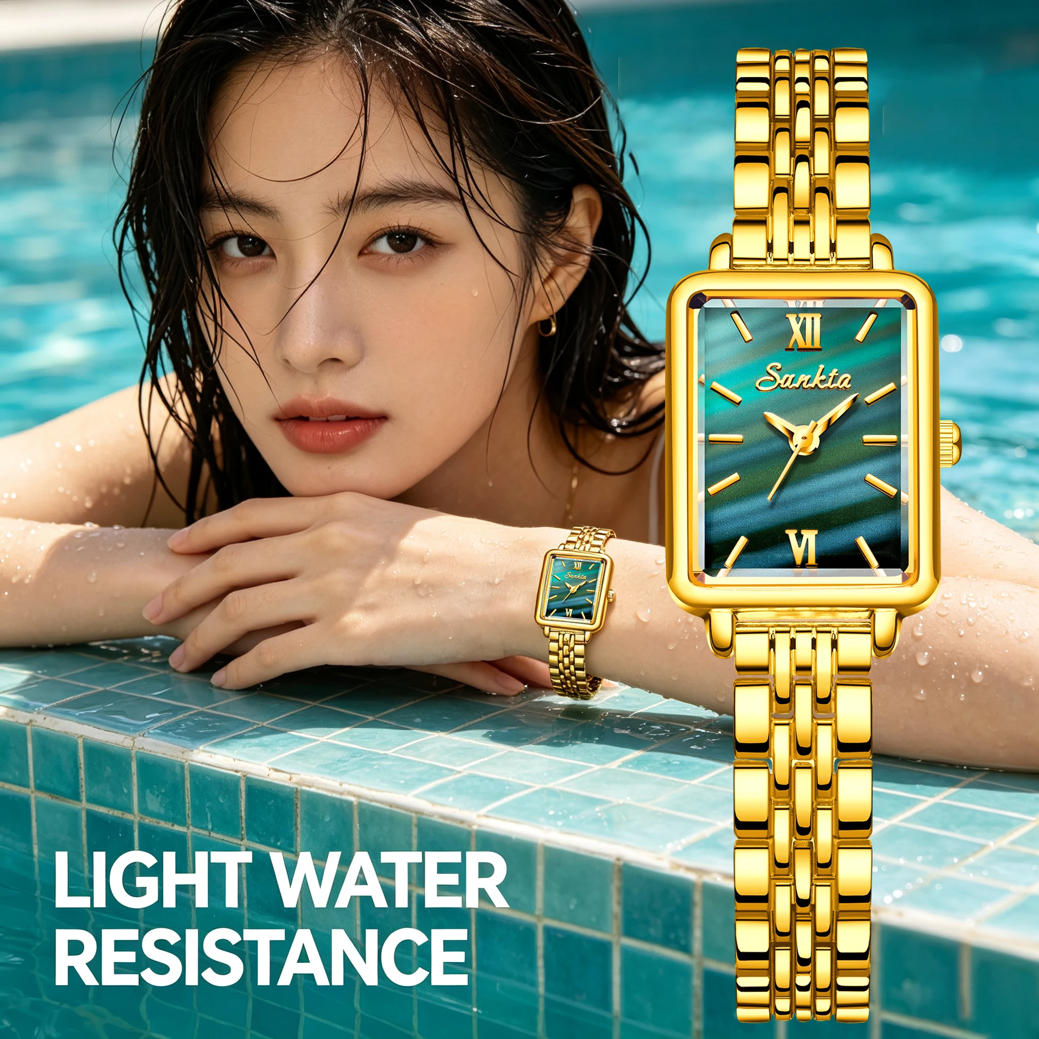 SUNKTA Luxury Ladies Fashion Quartz Watch Simple Scale Square Quality Gold Plated Women Watches Business Stainless Steel Folding