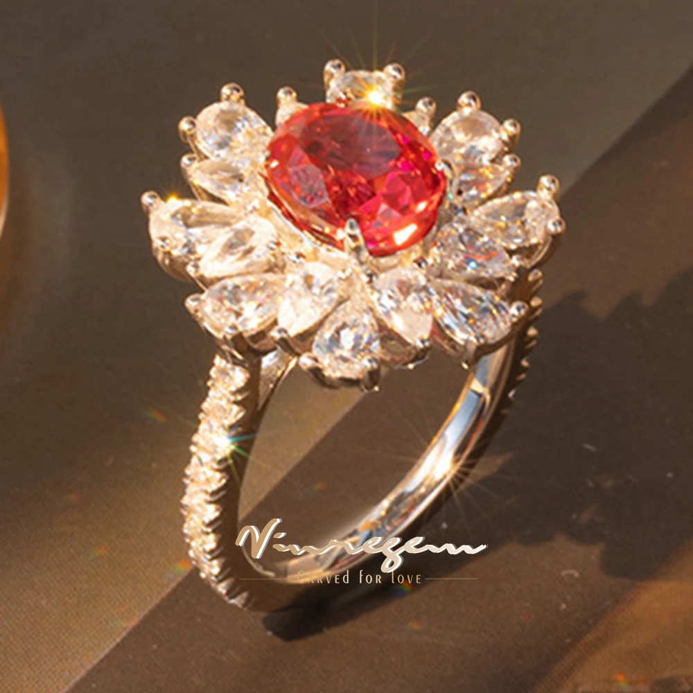 

Vinregem 7*9 MM 2CT Oval Ruby High Carbon Diamond Gemstone 100% 925 Sterling Silver Cocktail Party Ring for Women Fine Jewelry