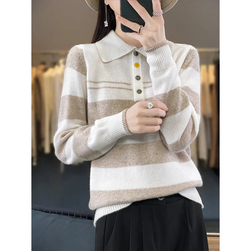 

2023 Autumn/Winter New 100% Wool Cashmere Sweater Women's Contrast Color Polo Pullover Loose Korean Fashion Soft Women's Top