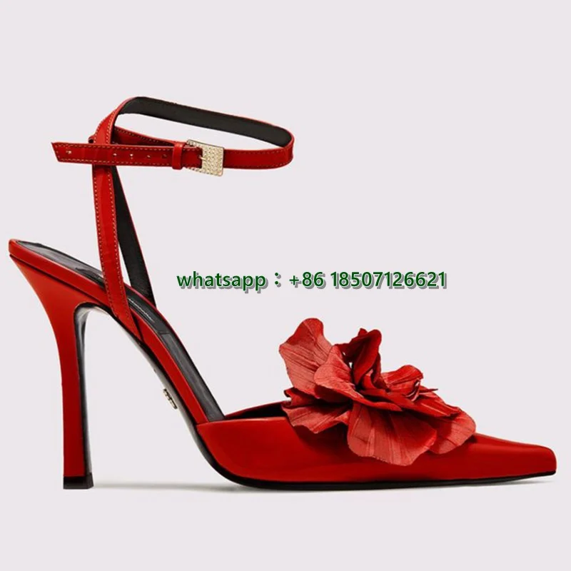 

Red Pointed Flower Decoration Leather Ankle Strap Slingback Pumps Sexy Christmas Theme High Heels Women's Shoes