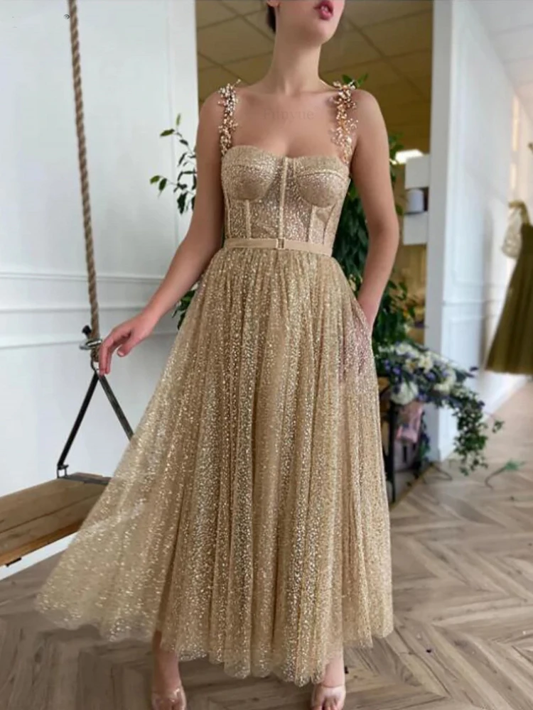 Glittery Gold Sequin Short Homecoming Dresses Shiny Crystal Pearls Straps A Line Tea Length Graduation Prom Dress