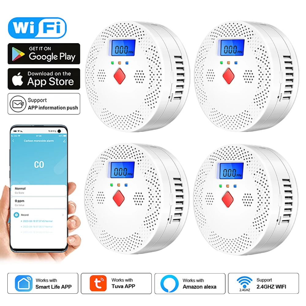 Tuya WiFi Smart Smoke Detector Security Protection Carbon Monoxide Poisoning Siren For Home Security System Via Smart Life App