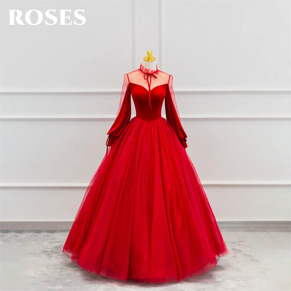 

ROSES Red Full Sleeves Long Party Dresses High Collar Vintage Night Dresses Lace Up Back Celebrity Dresses vestidos de fiesta