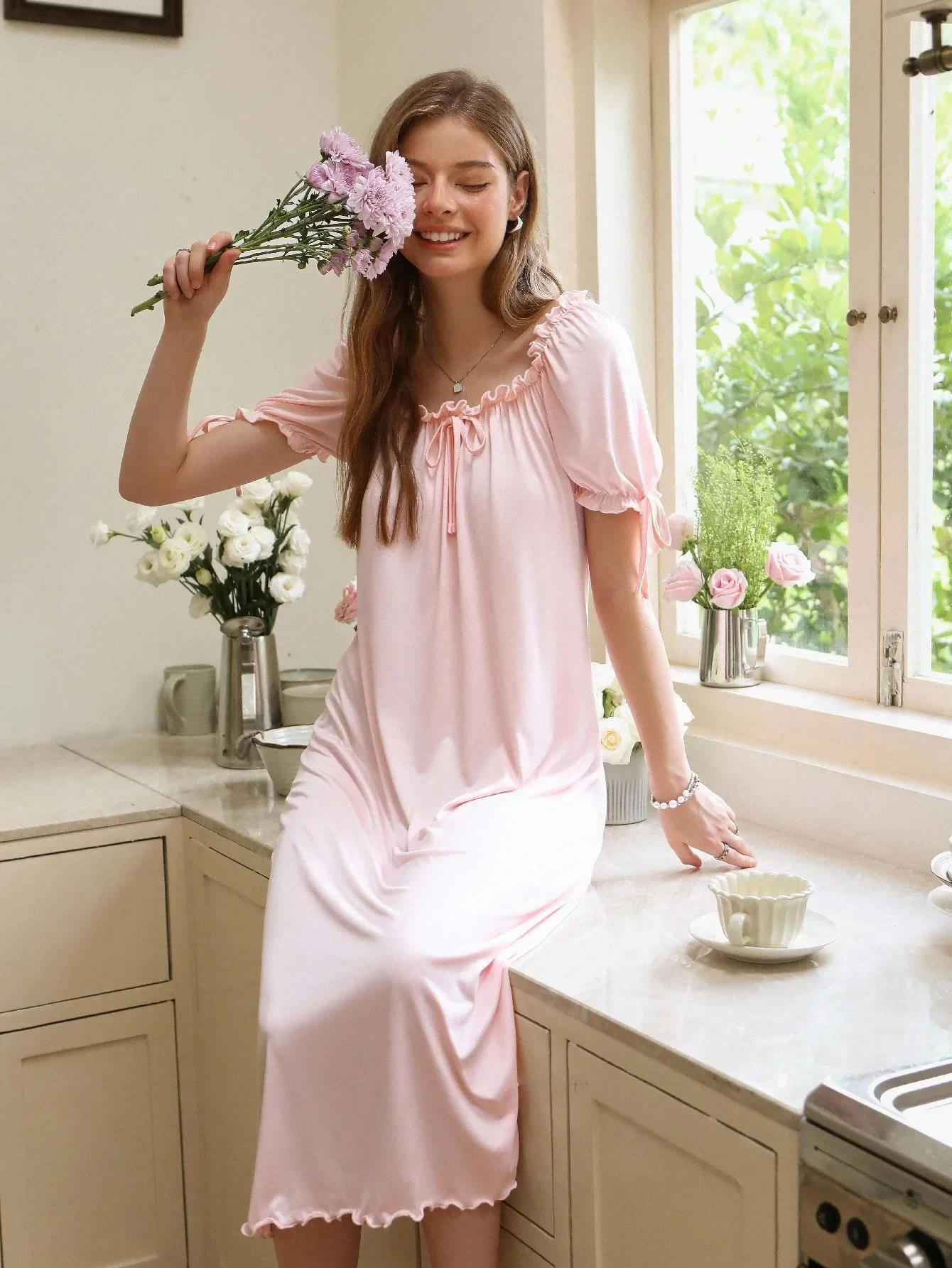 Snug Reverie Solid Color Ruffled Square Neck Loose Long Night Gown Holiday Season, Moo Moo