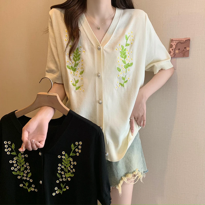 Vintage Ice Silk Knit Sweater Women Cardigans Tops 2024 Summer Elegant Solid Fashion Knitwear T-shirts Short Sleeve V-neck Jumpe