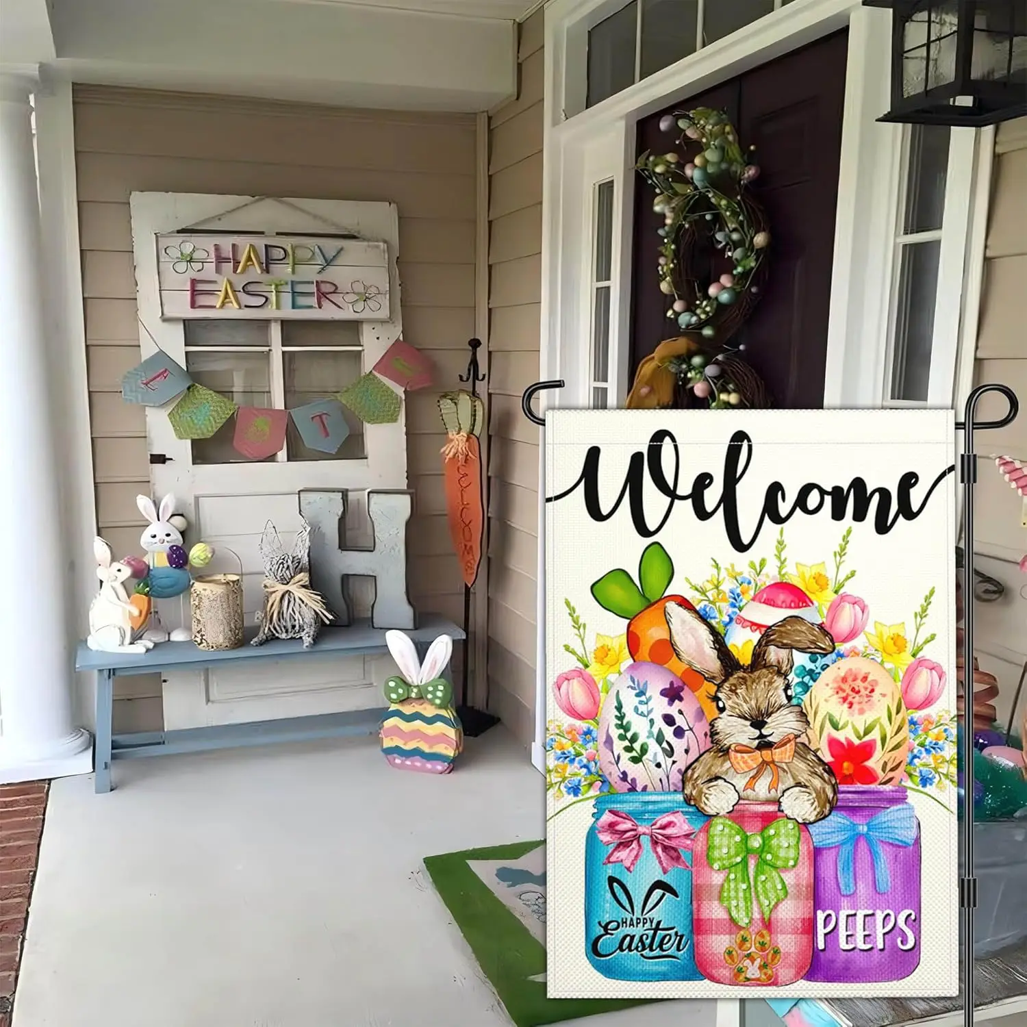 NASIAN Welcome Easter Garden Flag Spring Easter Bunny Peeps Yard Garden Flags for Outside 12x18 Double Sided 3 Layer Polyest EEZ