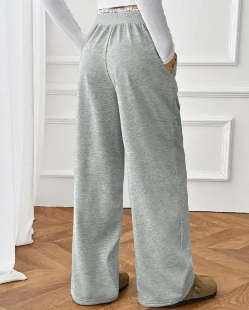 

Autumn 2025 Y2K New Lace Splicing Fake Two-Piece Casual Straight Leg Pants for Women Fashionable High Waisted Straight Leg Pants