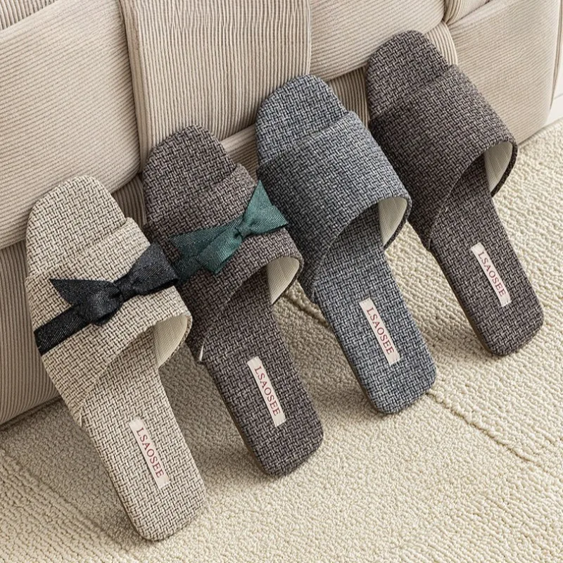 الراحة زوجين شبشب منزل Bowknot الكتان القماش مصمم المفتوحة تو تنفس شبشب منزل خفيفة الوزن شقة أحذية نسائية