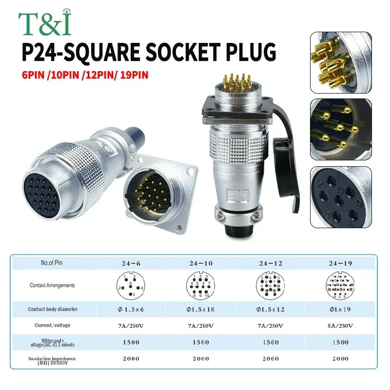 

PLS24 aviation plug socket P24 6pin 10 pin 12pins 19P male female docking square flange industrial connector