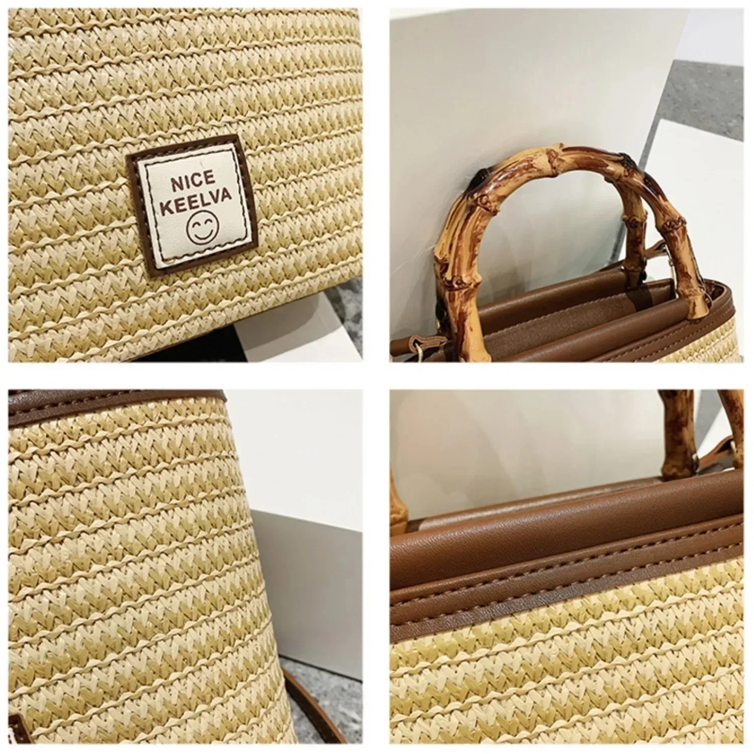 2024 Summer Unisex New Textured Bamboo Handle Woven Bag Travel Vacation Fashion Crossbody Straw Bag Ladies Wallet Handbag