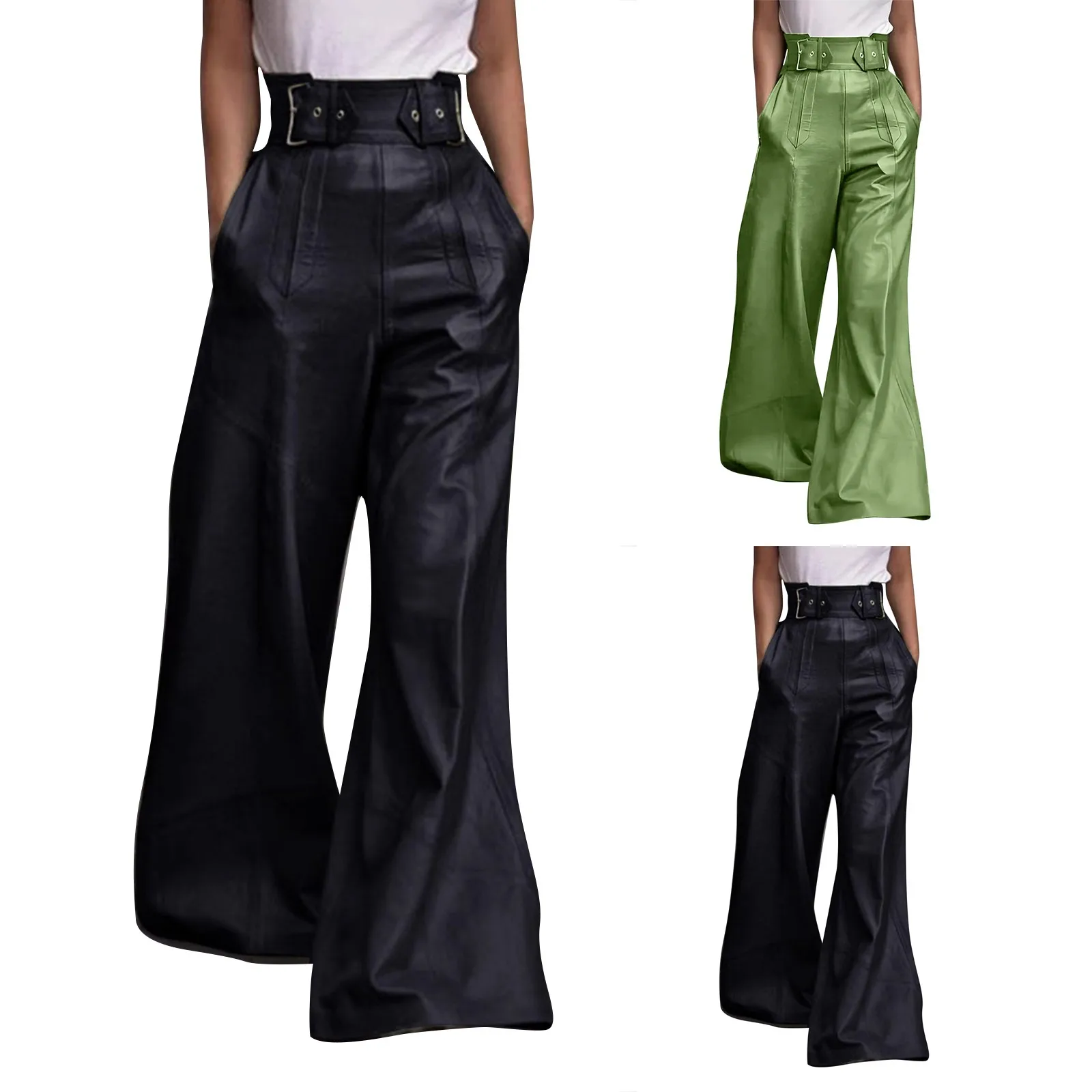 

Ladies New Fashion PU Leather Flared Pants with High Waist and Loose Pocket Design for Stylish Comfort and Elegance