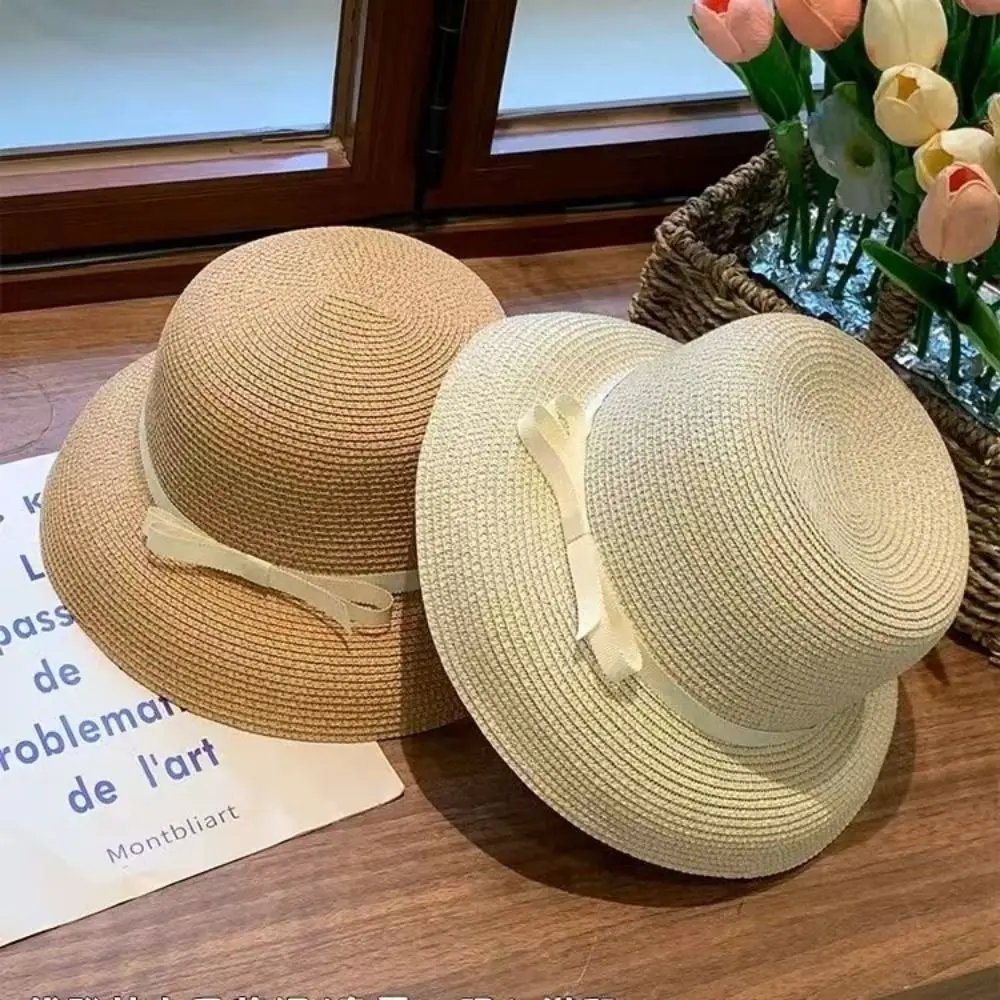 

Elegant French Bow Straw Cap Beach Vacation Weaving Cap Summer Big Brimmed Bucket Sun Hat Outdoor