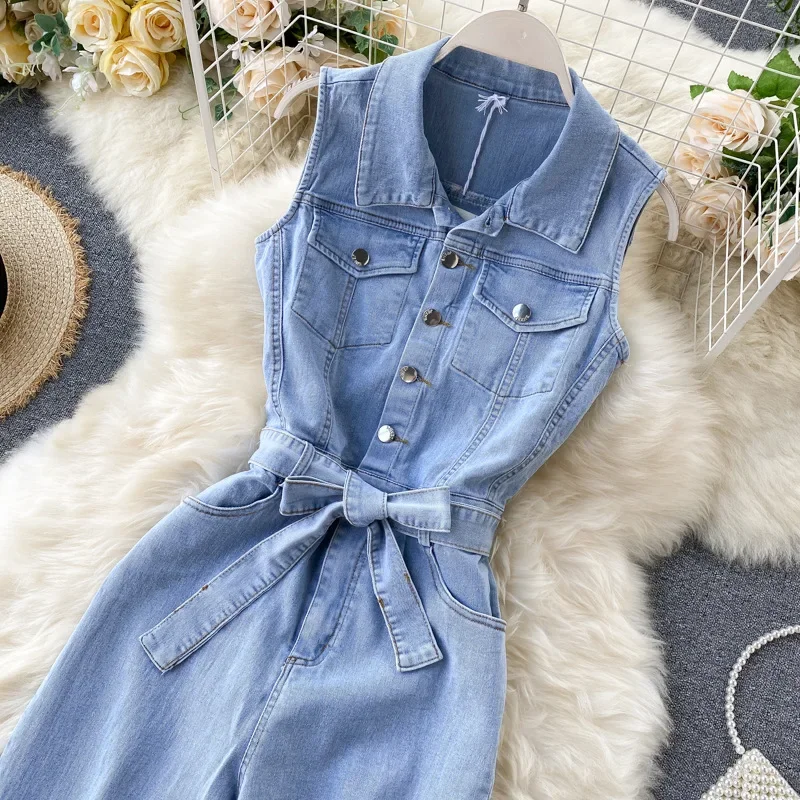 

Korean Version Retro Denim Sleeveless Jumpsuit. Summer New Temperament Lapel Solid Color Wide-leg Jumpsuit with Belt for Women