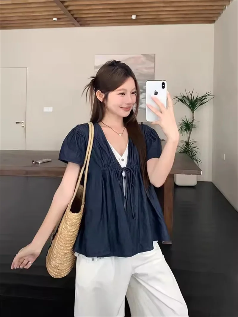 

Fashion Striped Denim Patchwork Shirt Women's Summer 2025 Lazy Retro Loose Fake Two-Piece Top Korean Commute Blouse