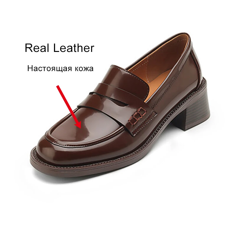 JOZHAMTA Size 33-43 Women Casual Loafers Pumps Real Leather Spring Fashion 2025 Mid Chunky Heels Shoes Vintage Office Lady Dress