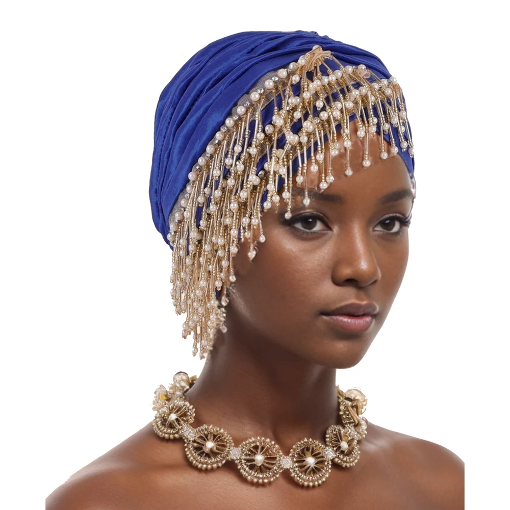 2024 New Tassels Turban Cap for Women African Raw Silk Head Wraps Bonnet Pleated Beading Headscarf Hat Turbante Mujer