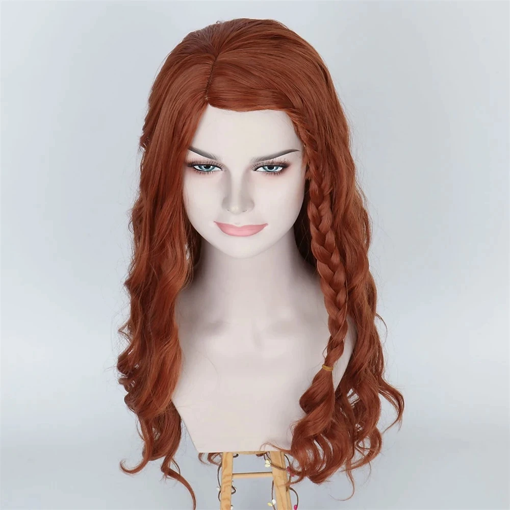 Long Wavy Auburn Reddish Brown with Braid Cosplay Costume Wig Synthetic Side Parting Hair Replacement Wigs